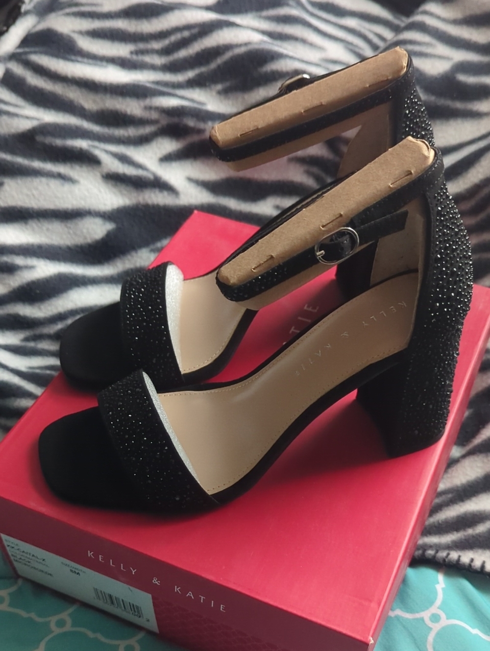 Kelly & Katie Black Sparkle Ankle-Strap Block Heels